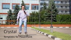  Presentation with rides - Colorful slide deck enhanced with segway - man with phone and documents backdrop and a coral colored foreground