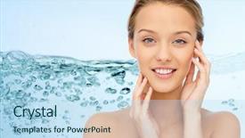  Presentation with young business woman smile show - Beautiful PPT theme featuring h2o - smiling young woman touching her backdrop and a light blue colored foreground