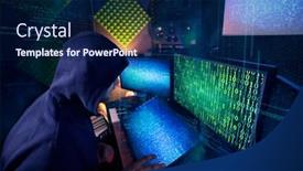  Presentation with cyber attack - Beautiful slides featuring hacker-coding-virus-ransomware-using backdrop and a navy blue colored foreground