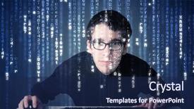  Presentation with information technology - Amazing PPT layouts having hacker decoding information from futuristic backdrop and a navy blue colored foreground
