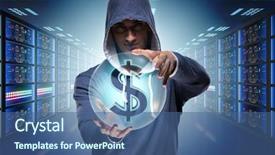  Presentation with financial system - PPT theme featuring hacker hacking banking financial system background and a ocean colored foreground