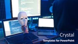  Presentation with crime - Slide set having hacker in hood holds mask in hand crime lifestyle background and a navy blue colored foreground