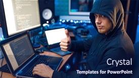  Presentation with hacker - Audience pleasing presentation consisting of hacker in hood shows thumbs up network criminal backdrop and a navy blue colored foreground