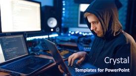  Presentation with hacker - Presentation theme featuring hacker in hood shows thumbs up network criminal background and a navy blue colored foreground