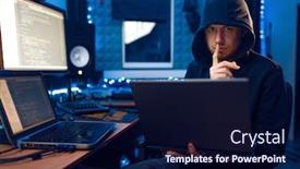  Presentation with hacker - PPT theme consisting of hacker-in-hood-shows-thumbs background and a navy blue colored foreground