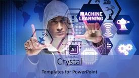  Presentation with machine learning - PPT theme consisting of hacker in machine learning concept background and a teal colored foreground