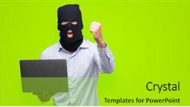  Presentation with computer hacker - Cool new slide deck with hacker man holding a computer backdrop and a  colored foreground