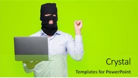  Presentation with cyber terrorism - Colorful PPT theme enhanced with hacker man holding a computer backdrop and a  colored foreground