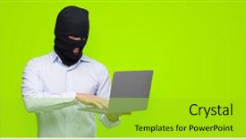  Presentation with computer hacker - Cool new presentation design with hacker man holding a computer backdrop and a yellow colored foreground