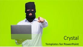  Presentation with computer hacker - Audience pleasing slide deck consisting of hacker man holding a computer backdrop and a  colored foreground