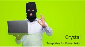  Presentation with computer hacker - Presentation theme featuring hacker man holding a computer background and a yellow colored foreground