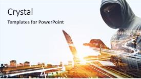  Presentation with information security - Beautiful PPT layouts featuring hacker man steal information backdrop and a sky blue colored foreground