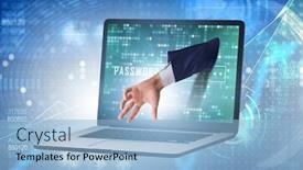  Presentation with personal data - Amazing PPT theme having hacker man trying to steal personal data backdrop and a light blue colored foreground