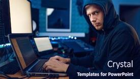 Presentation with hacking - Audience pleasing presentation theme consisting of hacker-sitting-at-laptop-information backdrop and a navy blue colored foreground