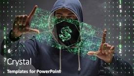  Presentation with hacker - Cool new slide deck with hacker-stealing-dollars-from-bank backdrop and a dark gray colored foreground