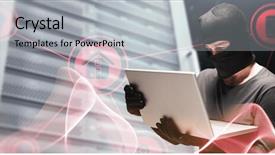  Presentation with hacker - Slides featuring hacker using laptop to steal identity against abstract turquoise glowing black background background and a light gray colored foreground