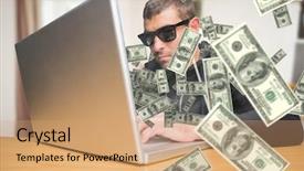  Presentation with laptop wireless - Colorful PPT layouts enhanced with hacker using laptop to steal identity against sitting room backdrop and a coral colored foreground