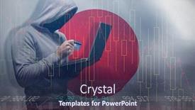  Presentation with credit card - PPT theme enhanced with hacker using laptop while holding credit card against stocks and shares background and a tawny brown colored foreground