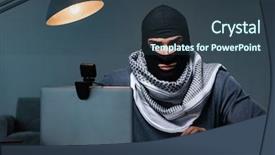  Presentation with computer hacking - Slide deck having hacker wearing balaclava mask hacking background and a tawny brown colored foreground