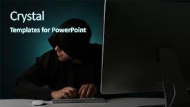  Presentation with computer hacking - PPT theme with hacker with computer on colorful background and a wine colored foreground