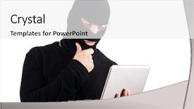  Presentation with computer hacker - Amazing theme having hacker with computer wearing balaclava backdrop and a white colored foreground