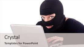  Presentation with computer hacker - Slide deck consisting of hacker with computer wearing balaclava background and a light gray colored foreground