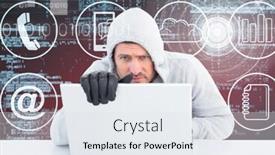  Presentation with hacker - Slide deck with hacker with gloves using a laptop in front of digital background background and a sky blue colored foreground