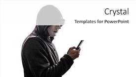  Presentation with hacker white - Colorful slide set enhanced with hacker with mask holding smartphone backdrop and a white colored foreground
