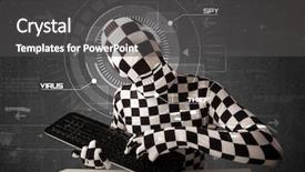  Presentation with information security - Cool new PPT layouts with hacker without identity in futuristic backdrop and a dark gray colored foreground