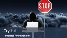  Presentation with hacker - Cool new PPT theme with hacker working on laptop close backdrop and a ocean colored foreground