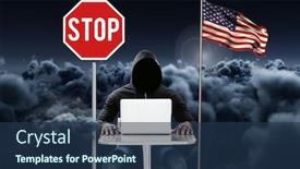  Presentation with hacker - Cool new slide set with hacker working on laptop near to american flag and stop board with cloudy background backdrop and a ocean colored foreground