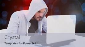  Presentation with hacker - Presentation design consisting of hacker-working-on-laptop background and a light gray colored foreground