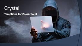  Presentation with hacker - Audience pleasing presentation theme consisting of hacker working on tablet in dark backdrop and a dark gray colored foreground