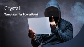 Presentation with hacker - Slide deck having hacker working on tablet in dark background and a dark gray colored foreground
