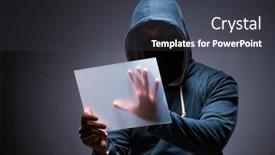  Presentation with hacker - Cool new PPT theme with hacker working on tablet in dark backdrop and a dark gray colored foreground
