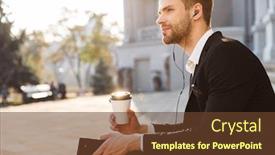  Presentation with takeaway coffee - PPT layouts consisting of hadsome-young-businessman-wearing-earphones background and a tawny brown colored foreground