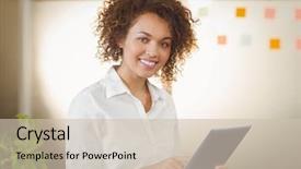  Presentation with using digital tablet - Colorful theme enhanced with haier company - portrait of smiling businesswoman using backdrop and a soft green colored foreground