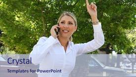  Presentation with taxi - PPT theme featuring hail cab - blonde business woman waving background and a  colored foreground