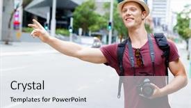  Presentation with taxi cabs new york city - Presentation theme featuring hail cab - male tourist calling background and a  colored foreground