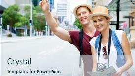  Presentation with taxi cabs new york city - Colorful slide set enhanced with hail cab - two tourists calling backdrop and a sky blue colored foreground