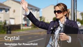  Presentation with busy street - PPT layouts consisting of hail cab - young attractive busy businesswoman calling background and a gray colored foreground