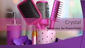  Presentation with beauty cosmetic - Colorful PPT layouts enhanced with hair-brushes-hairdryer-and-cosmetic and a coral colored foreground