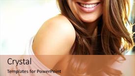  Presentation with shoulder - Colorful slide deck enhanced with hair care - image of smiling female model backdrop and a coral colored foreground