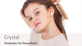  Presentation with hair care - Theme enhanced with hair care concept with portrait of little brunette girl brushing her unruly tangled long hair isolated on white background and a lemonade colored foreground