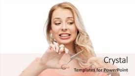  Presentation with hair care - Beautiful theme featuring hair care hairstyle and people concept - young woman or teenage girl with scissors cutting ends of her hair backdrop and a lemonade colored foreground
