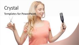  Presentation with hair care - Cool new PPT theme with hair care hairstyle hairdressing and beauty people concept - young woman or teenage girl with scissors and hairbrush backdrop and a white colored foreground
