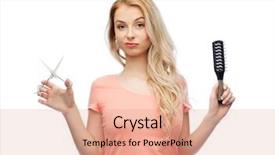  Presentation with hair care - Amazing slides having hair care hairstyle hairdressing and beauty people concept - young woman or teenage girl with scissors and hairbrush backdrop and a coral colored foreground