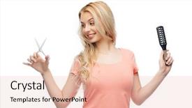  Presentation with hair care - PPT layouts featuring hair care hairstyle hairdressing and beauty people concept - young woman or teenage girl with scissors and hairbrush background and a lemonade colored foreground