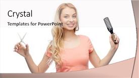  Presentation with hair care - Beautiful PPT theme featuring hair care hairstyle hairdressing and beauty people concept - young woman or teenage girl with scissors and hairbrush backdrop and a white colored foreground