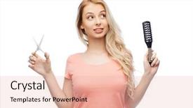 Presentation with hair care - Colorful presentation design enhanced with hair care hairstyle hairdressing and beauty people concept - young woman or teenage girl with scissors and hairbrush backdrop and a lemonade colored foreground